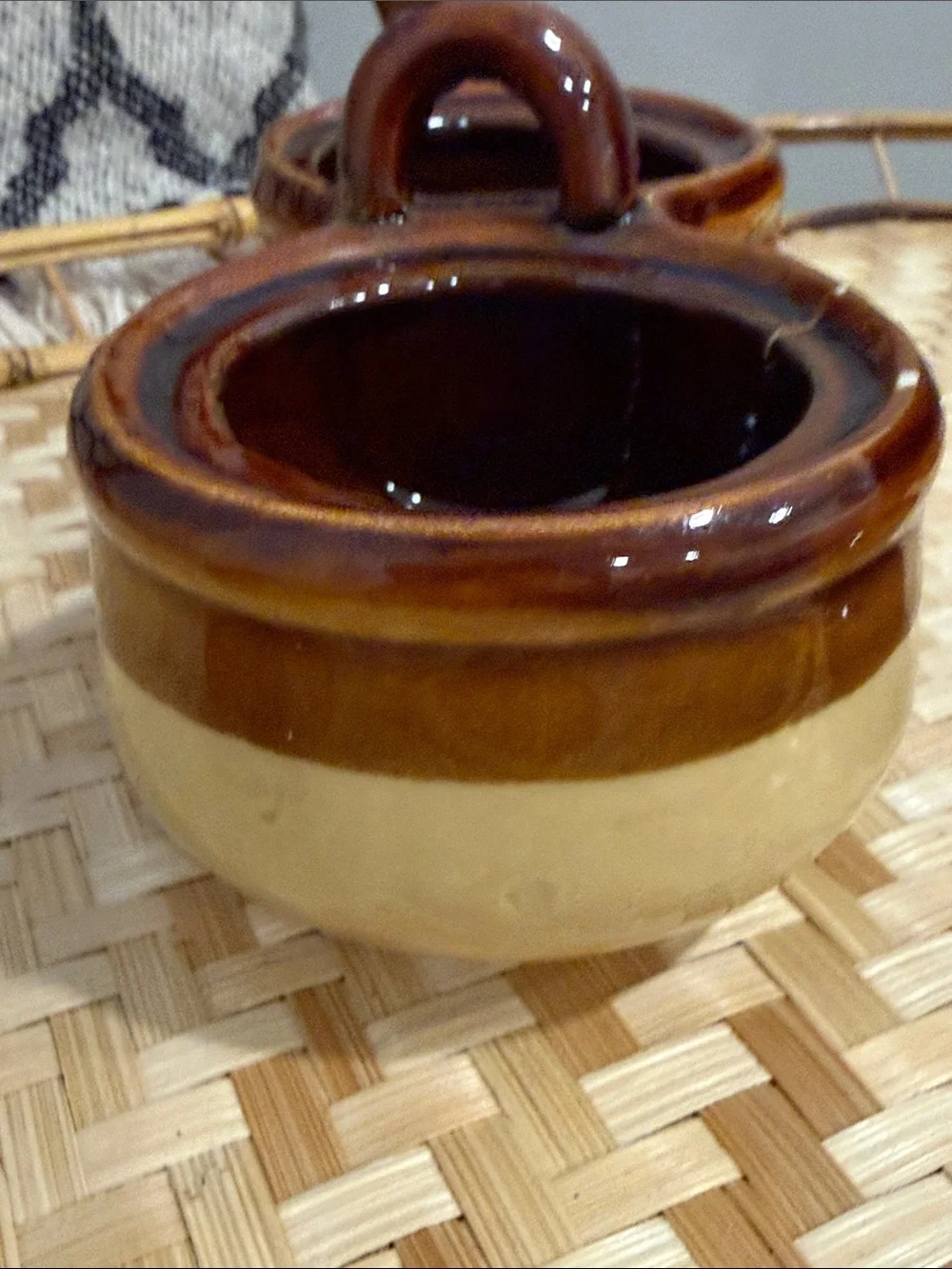 Vintage Taiwan Double Condiment Jar Set Brown Stoneware Relish Jam W/ Spoons